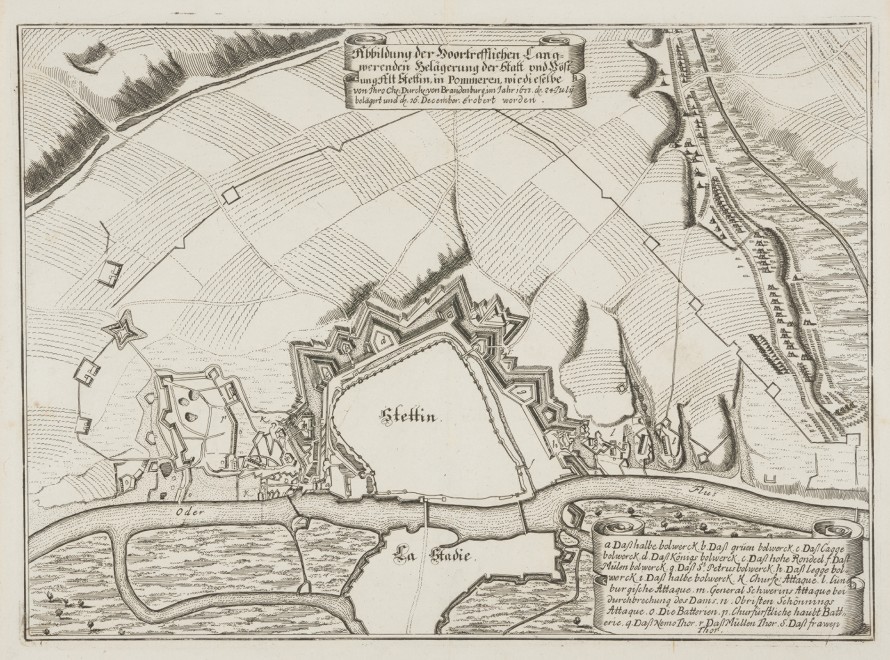 Widok Szczecina podczas oblężenia brandenburskiego z 1677 roku